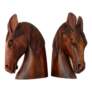 Pair of Mid Century Carved Wooden Horse Head Bookends