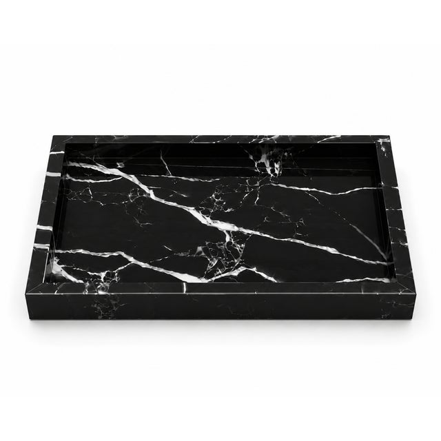 Elevate your space with this handcrafted Nero Marquina marble tray, featuring a deep black polished surface accented by...