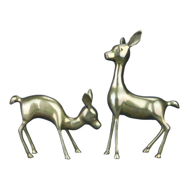 Pair of Vintage Brass Fawn Deer Family Statues For Sale