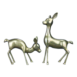 Pair of Vintage Brass Fawn Deer Family Statues