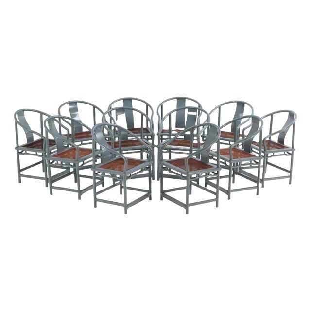 A Set of 12 Lacquered, Rounded-Back Armchairs With Cane Seats, C. 1970. For Sale