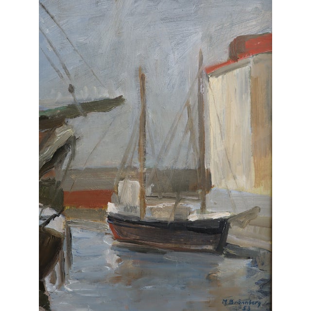 1953 Mid-Century Modern 'Harbour at Rest' Vintage Original Swedish Expressive Seascape Oil Painting, Framed For Sale - Image 12 of 13