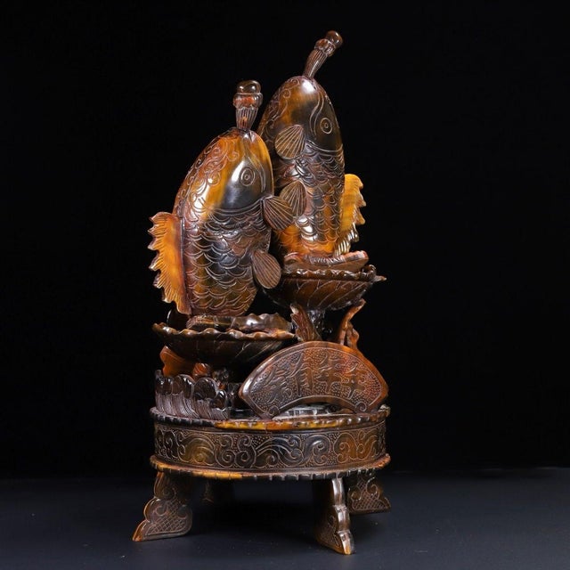 Chinese Late 20th Century Carved Horn Sculpture of Two Carp With Lotus - "Abundance" For Sale - Image 3 of 10