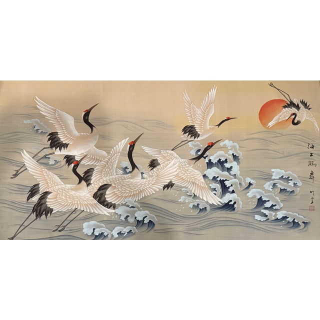 Japanese Pair of Vintage Japanese Hand-Painted Silk Crane Paintings, Signed, 45" For Sale - Image 3 of 16