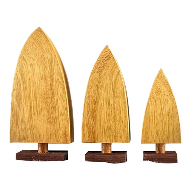 Modern Handmade Teak Wood Tabletop Christmas Trees, Scandi Style Christmas Decor - Set of 3 For Sale