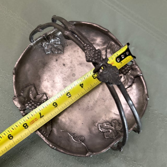 19th C. Nouveau Jugendstil Ornate Pewter Handled Basket Visiting Card Tray For Sale - Image 11 of 12