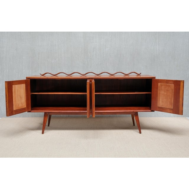 Italian Modern Walnut and Leather Sideboard with Undulating Cornice, 1950s For Sale - Image 14 of 16