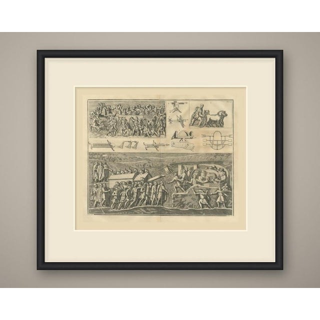 This is an original antique copper engraving, uncolored, a double page folding plate on Roman engines of war, in eight...
