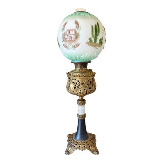 Antique Bradley & Hubbard Banquet Brass & Onyx Parlor Lamp, Electrified W/ Painted Globe For Sale