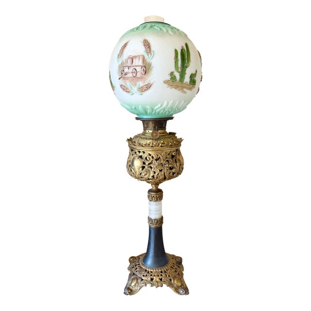 Antique Bradley & Hubbard Banquet Brass & Onyx Parlor Lamp, Electrified W/ Painted Globe For Sale