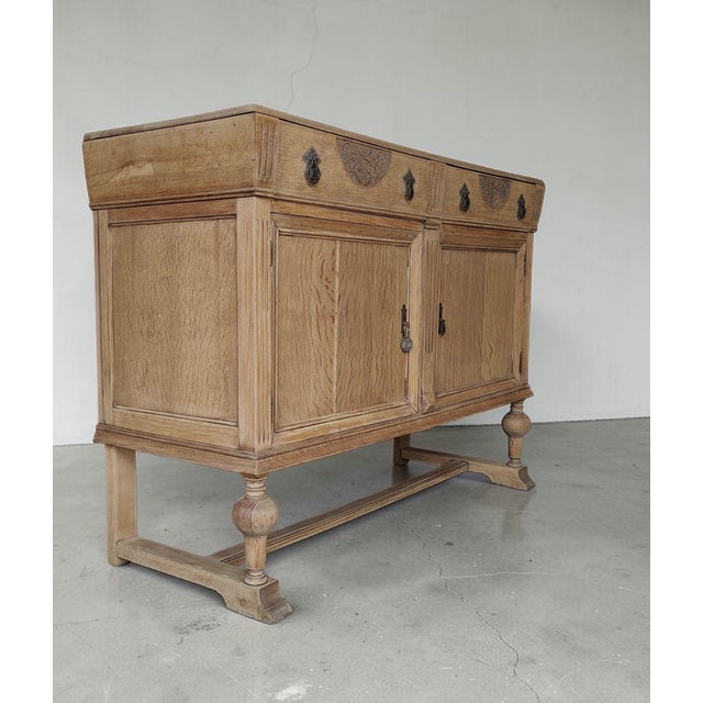 Tan Antique English Oak Sideboard With Bun Feet and Carved Details For Sale - Image 8 of 12