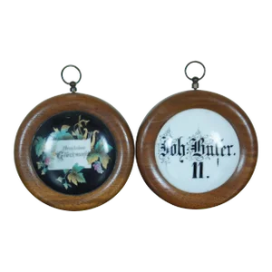 Early 20th Century German Porcelain Wood Framed Wall Plaque Sign Congratulations - Set of 2