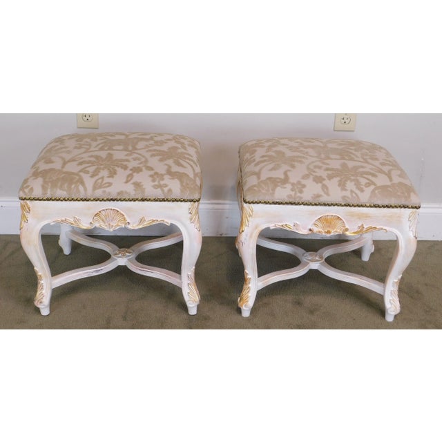 Cream Italian Rococo Style Gilt & Painted Carved Pair Stools For Sale - Image 8 of 12