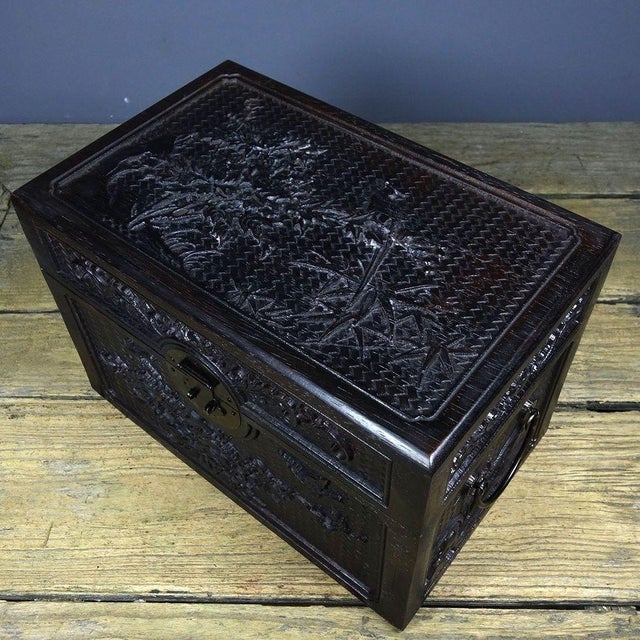 Art Deco Antique Zitan Wood Carved "Brocade and Flowers" Document Box / Treasure Chest For Sale - Image 3 of 9