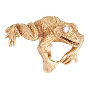 70s Vintage Frog Ring Heavy 14k Yellow Gold Diamond Eyes 8.5 Cocktail Jewelry