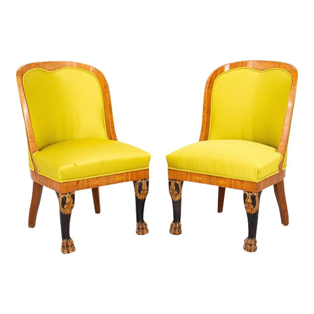Russian Empire Upholstered Mahogany Chairs, Pair For Sale