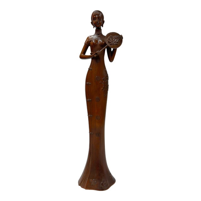 Oriental Brown Wood Carved Slim Artistic Holding Fan Lady Figure For Sale