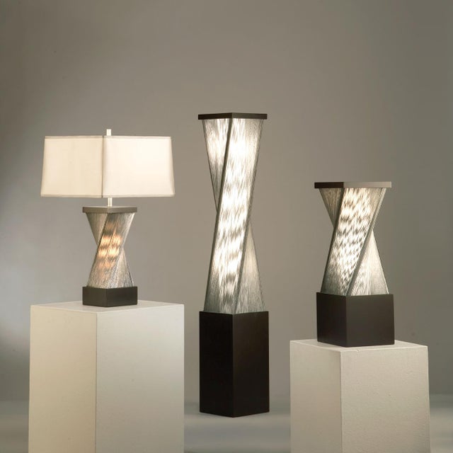 1990s 1990s Hand-Knotted Silver Strings Torque Accent Table Lamp - 24", Espresso Wood & Satin Nickel, Linen Shade For Sale - Image 5 of 6