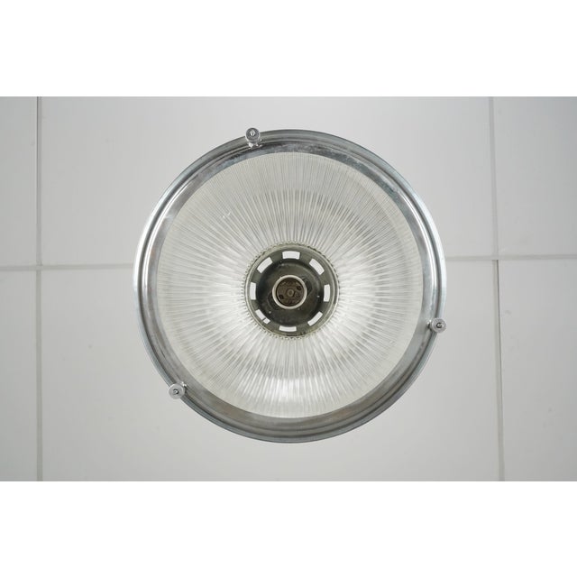 Transparent Mid 20th Century Restored Industrial Holophane Steel Factory Pendant Light For Sale - Image 8 of 10