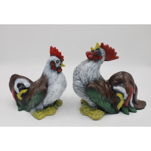 A superb pair vintage farmhouse chickens. This is a bright, colorful pair. Measurement: Rooster- 7 inches length x 6.5...