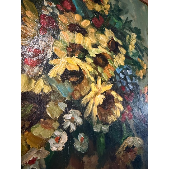 Mid 20th Century Framed, Signed Oil on Canvas Painting, Still-Life of Sunflowers For Sale - Image 9 of 12