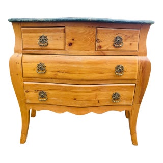 Vintage Scrubbed Pine Marble Topped Bombay Chest of Drawers. For Sale