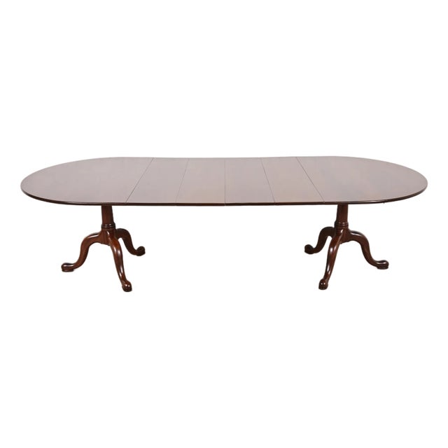 Henkel Harris Georgian Solid Mahogany Double Pedestal Extension Dining Table, Newly Refinished For Sale