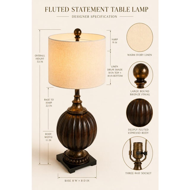 Boho Chic Vintage Fluted Melon-Form Table Lamp With Ivory Linen Drum Shade For Sale - Image 3 of 4