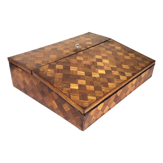 Antique English 19th C Parquetry Inlaid & Ebonized Chinoiserie Leather Lap Desk For Sale