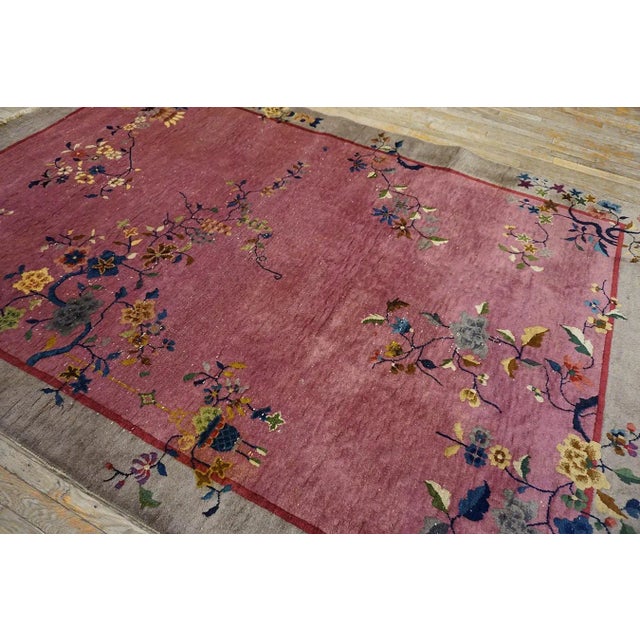 1920s Purple Floral Antique Chinese Art Deco Carpet 6' X 8'10" Handknotted Wool Rug For Sale - Image 10 of 15