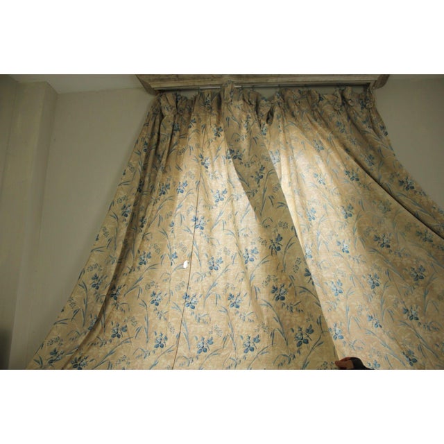 Antique 1860s French Country Blue Floral Printed Drape Textile