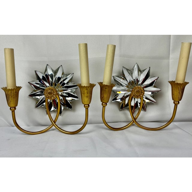 Pair of Gilt Two Light Sconces With Mirrored Twelve Point Star Bursts For Sale In West Palm - Image 6 of 9