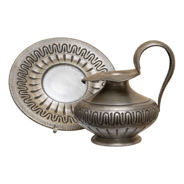 Tin Jug and Plate from Mazzuco Artigianale, Italy, 1940s, Set of 2 For Sale