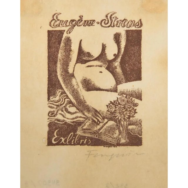 Ex Libris - Eugène Strens is a woodcut print created by Michel Fingesten. Hand Signed on the lower right margin. Good...
