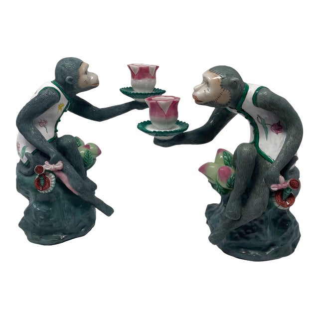 Vintage Chinoiserie Monkey Candle Holders - A Pair For Sale
