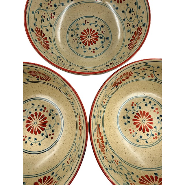 Contemporary Asian Modern Bat Trang Vietnamese Ceramic Soup Bowls With Hand Painted Red Blue Floral Motif - Set of 6 For Sale - Image 3 of 11