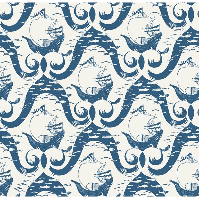 Art Deco Sample - Cravelle Wallpaper by Paule Marrot in Cream and Blue For Sale - Image 3 of 3