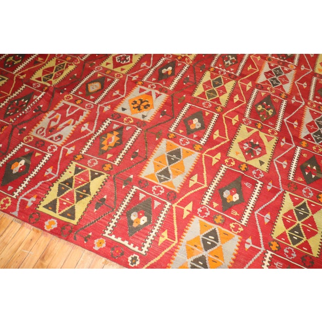 Traditional Vintage Zabihi Collection Cherry Red Room Size Turkish Kilim - 8'10" x 10'11" For Sale - Image 3 of 10