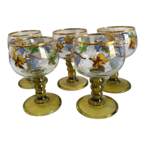 Vintage German Roemer Wine Glasses Painted Gilded Rim Grapevine Olive Green Stems W3- Set of 5
