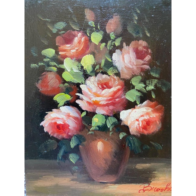 Peter Brooks, Still Life of a Vase of Pink Roses, 1960s, Oil on Canvas For Sale - Image 13 of 13