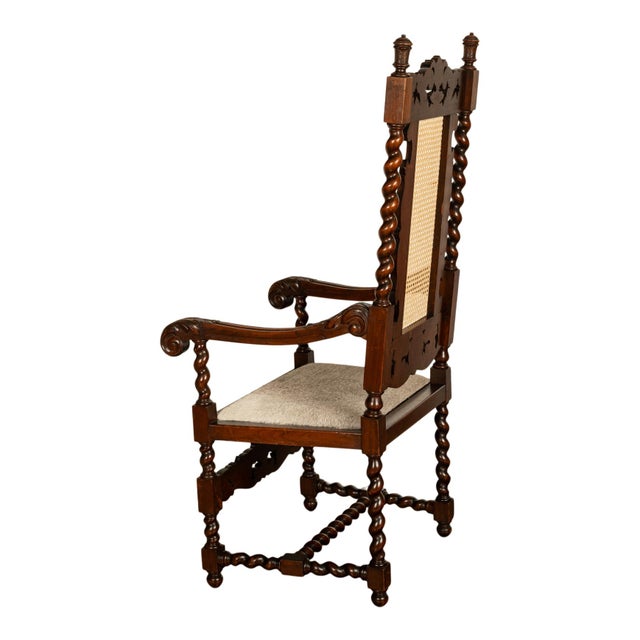 Late 19th Century Antique French Louis XIII Carved Walnut Barley Twist Armchair Cane Cowhide 1880 For Sale - Image 5 of 13