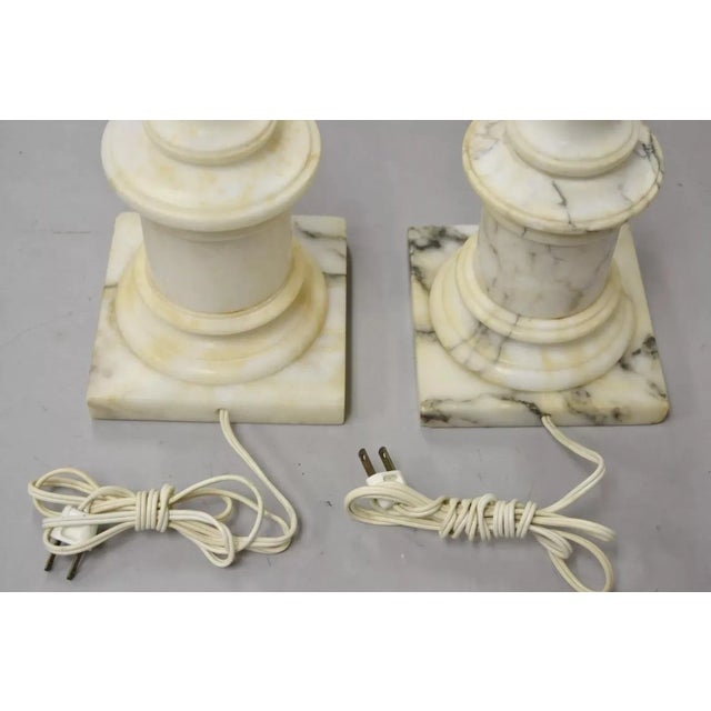 Vintage Italian Classical Carved White Marble Column Table Lamps - A Pair For Sale - Image 10 of 13