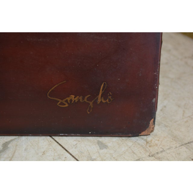 1950's Song Ho Vietnamese Black Lacquer Gold Koi Fish Artwork Painting on Wood For Sale - Image 9 of 18