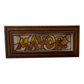 Vintage Wood Framed ‘Mayor’ Stained Art Glass Wall Door Lawyer Sign For Sale