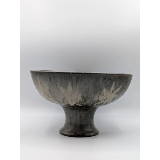 Late 20th Century Handcrafted Studio Pottery Blue Gray Glaze Speckled Pedestal Bowl Signed For Sale In Los Angeles - Image 6 of 12
