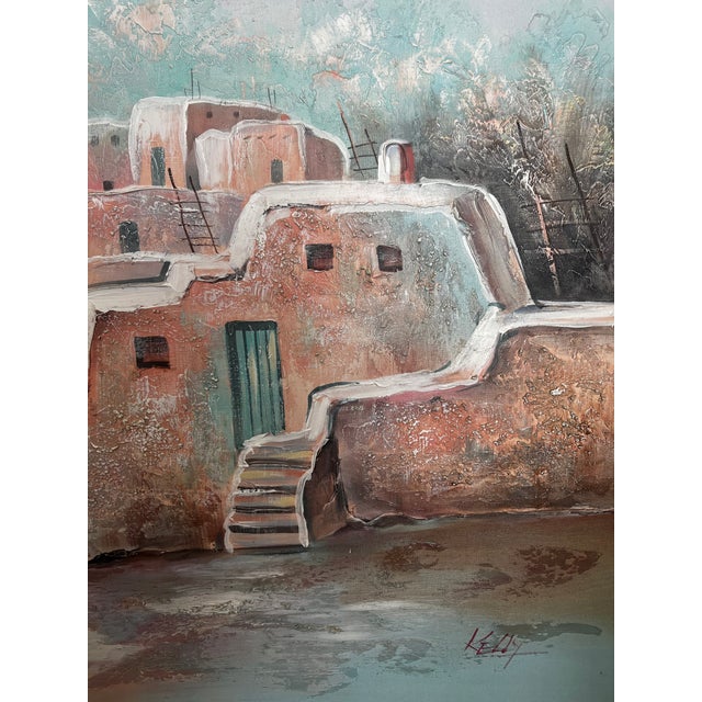 Peach Late 20th Century Large Signed Southwestern Adobe Village Landscape Painting on Canvas For Sale - Image 8 of 11