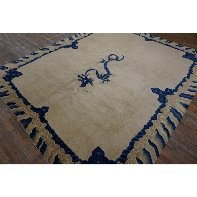 1890s Ivory Blue Tan Antique Chinese Peking Dragon Carpet 8' X 9'8" Wool Rug For Sale - Image 4 of 14