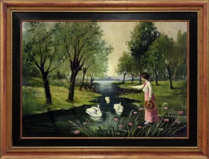Jean Richard, Bucolic Elegance, 1970s, Oil on Canvas, Framed