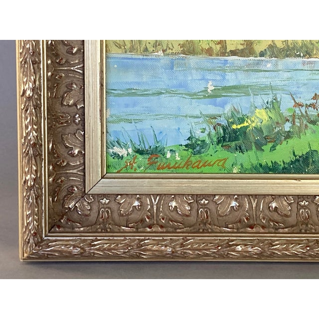 1960s Signed A. Furukawa Impressionist MCM Oil on Canvas, Rural Scene With Freight Train For Sale - Image 5 of 8