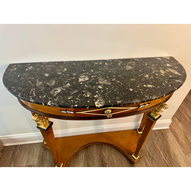 Late 20th Century Empire Revival Giltwood & Burlwood Demilune Console Table With Black Marble Top For Sale - Image 6 of 11